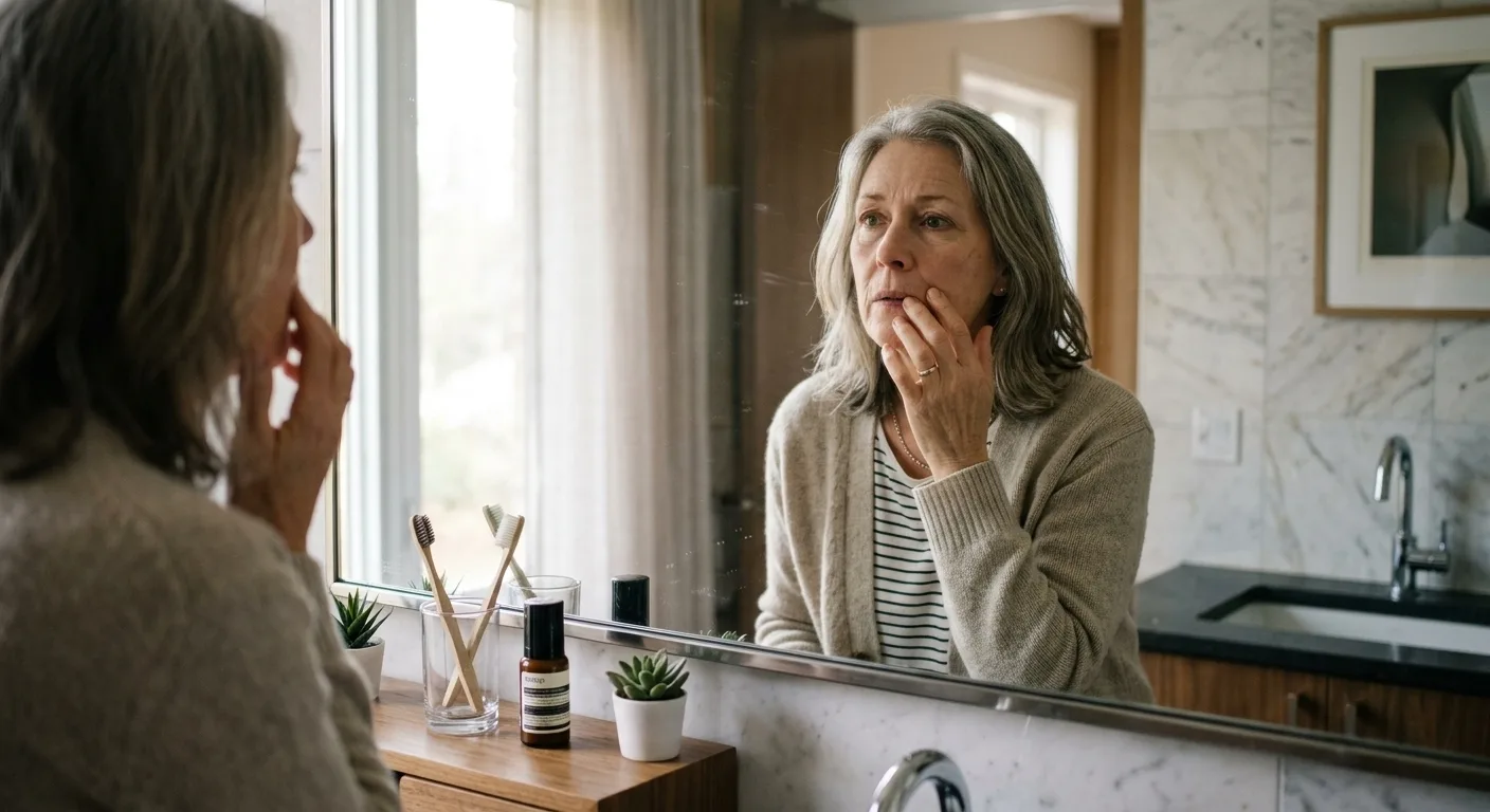 Woman examining her skin in the mirror