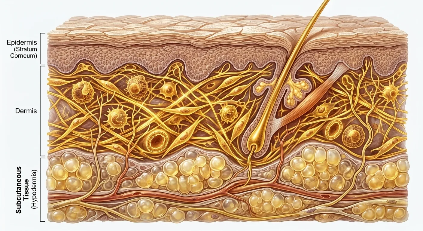 Cross-section of skin layers showing dermis and fibroblasts